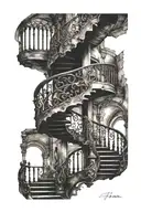 spiral staircase deteriorating gothic architecture skinny tattoo design idea