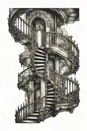 spiral staircase deteriorating gothic architecture skinny tattoo design idea