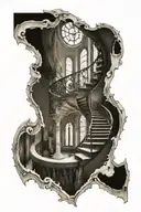 spiral staircase deteriorating cathedral windows gothic architecture  tattoo design idea