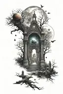  graveyard with many headstones gothic below then higher up portal to galaxy filled with stars many planets in sky tattoo design idea