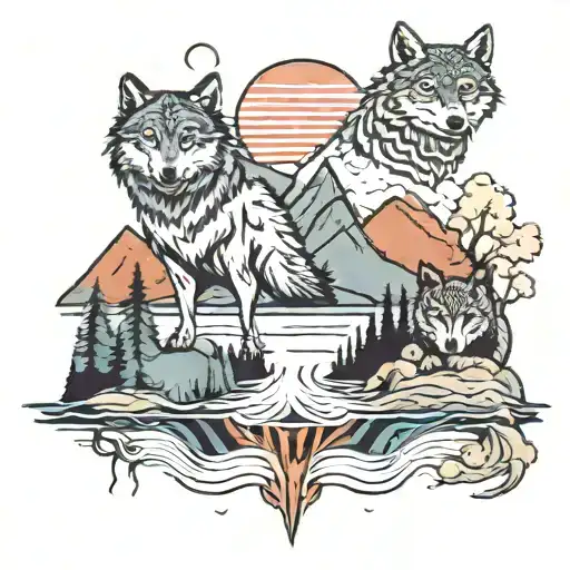 theme and subject is a outdoor scene with river and mountains with four wolves standing in the river and two owls in the tattoo design idea