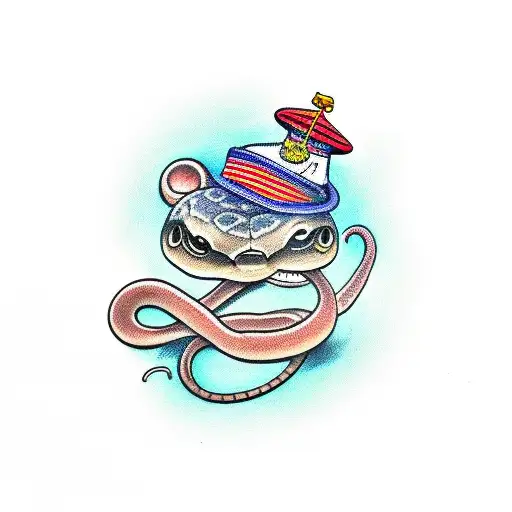 a python eating a little mouse, wearing a sailor hat that says "snake farm" tattoo design idea