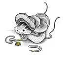 a python eating a little mouse, wearing a sailor hat that says "snake farm" tattoo design idea