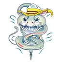 a python eating a little mouse, wearing a sailor hat that says "snake farm" tattoo design idea