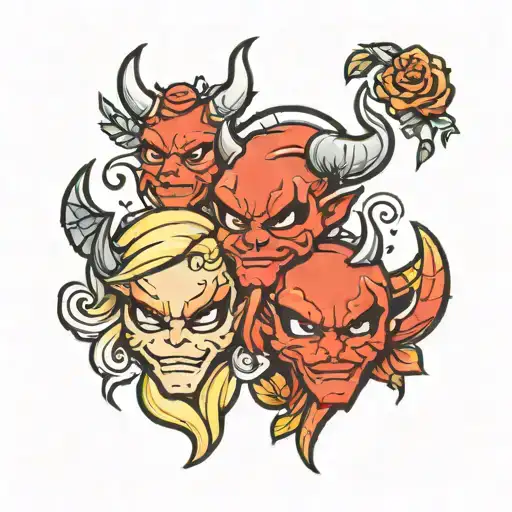 Design a matching tattoo for boyfriend and girlfriend with a boy devil emoji and the words  Mr. F a girl devil emoji and tattoo design idea