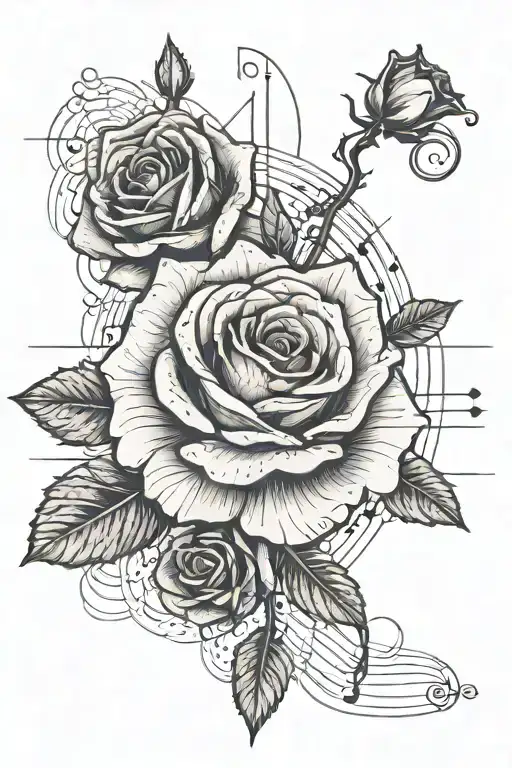 microrealism tatto using music note and a sign of programming with a rose in it and blood, without having shadow in it tattoo design idea