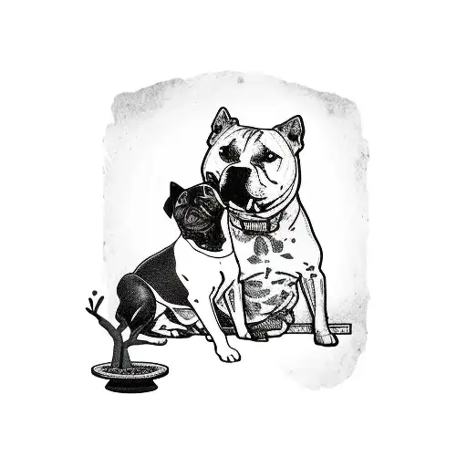 A tattoo of a pitbull and an Akita dog sitting together under a money tree playing poker tattoo design idea