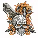 skull and piston in fire tattoo design idea