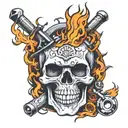 skull and piston in fire tattoo design idea