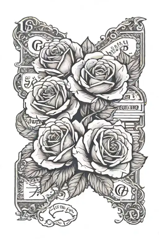 "cash rules everything around me" text roses and 100 dollar bill tattoo design idea