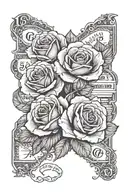 "cash rules everything around me" text roses and 100 dollar bill tattoo design idea