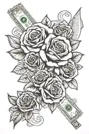 "cash rules everything around me" text roses and 100 dollar bill tattoo design idea