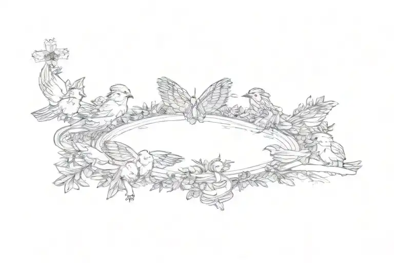 a catholic group sitting in front of a chapel, in the presence of the holy spirit and with butterflies around tattoo design idea