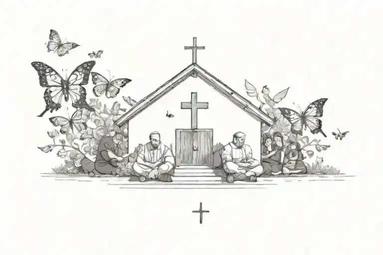a Catholic group sitting in front of a chapel, in the presence of the holy spirit and with butterflies around tattoo design idea