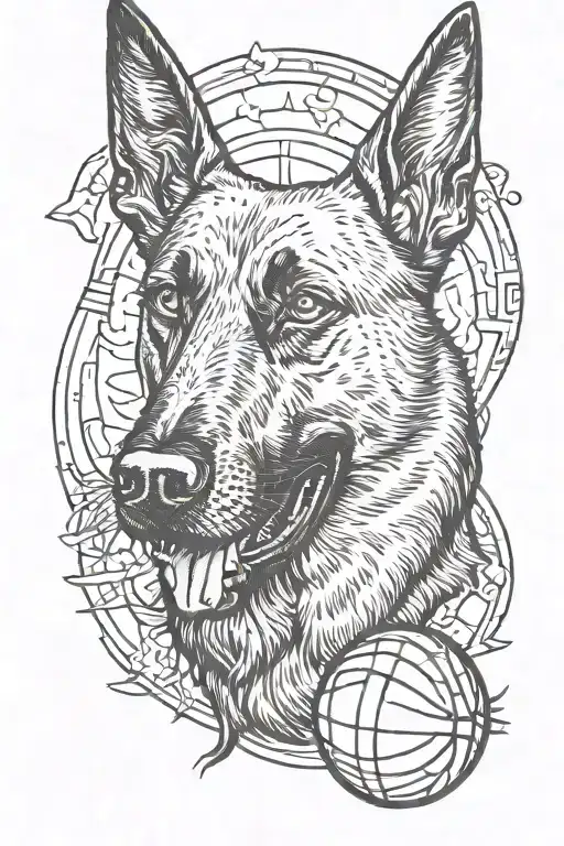 Belgian Malinois destroying a basketball tattoo design idea