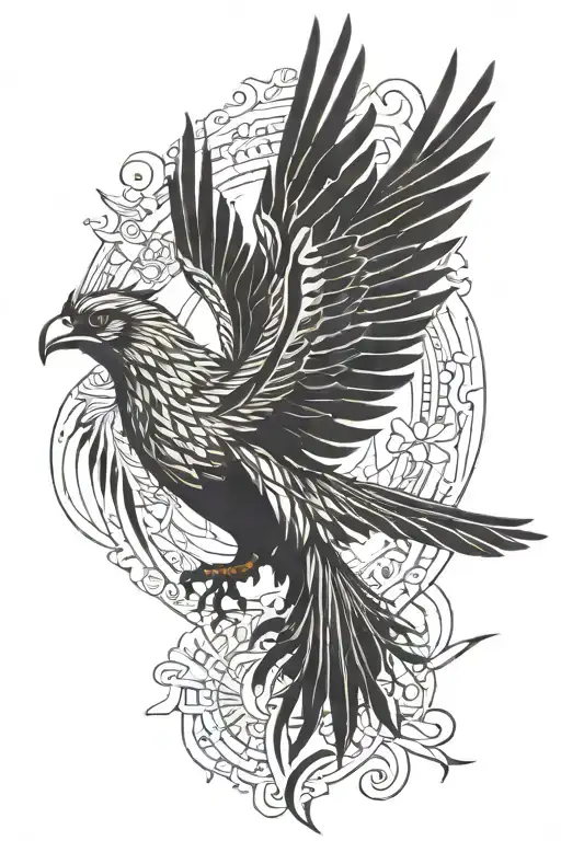 Sun rising Phoenix bird flying in the sky tattoo design idea