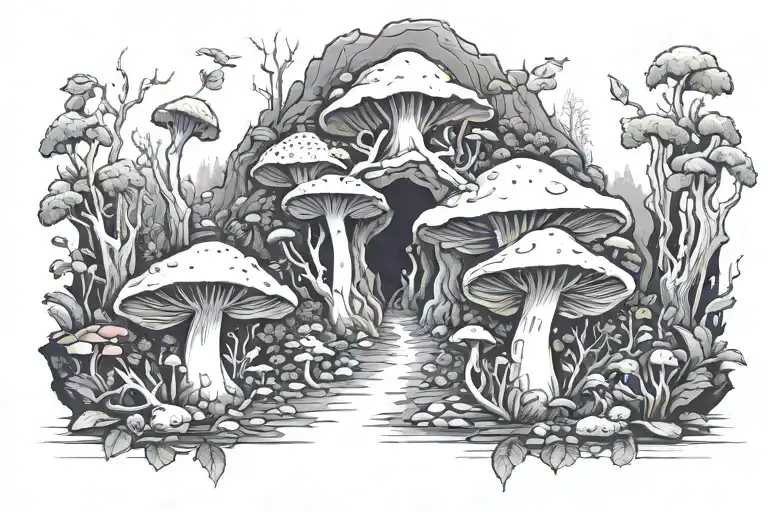 mushroom cave tattoo design idea