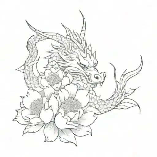 korean dragon and peonies tattoo design idea
