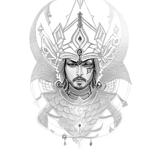 Tattoo Karna adorned with his divine armor and earrings, reflecting his loyalty to his mother and the struggle of identi tattoo design idea