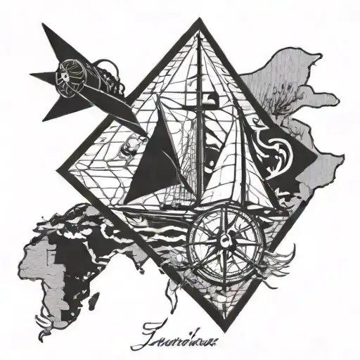 Sailing ship, compass, anchor world map sea paper airplane tattoo design idea