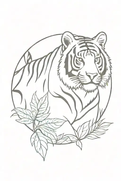 Bengal tiger in the jungle with foliage  tattoo design idea