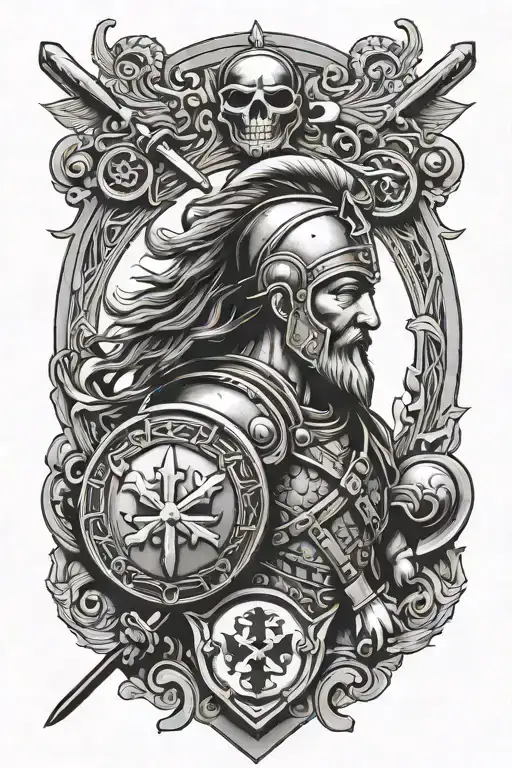 old warrior style design showcasing scottish heritage, including a shield, tattoo design idea