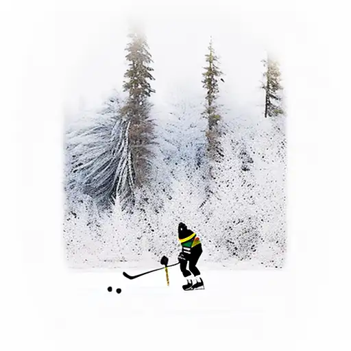 a hockey player playing on a frozen lake in the middle of a forest with a hockey goal, with a mountain with a wolf howli tattoo design idea