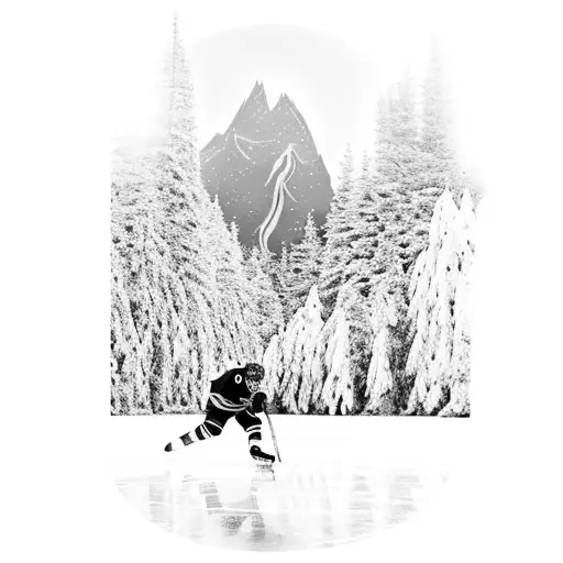 a hockey player playing on a frozen lake in the middle of a forest with a hockey goal, with a mountain with a wolf howli tattoo design idea