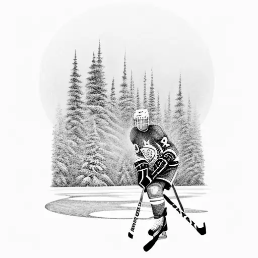 a hockey player playing on a frozen lake in the middle of a forest with a hockey goal, with a mountain with a wolf howli tattoo design idea