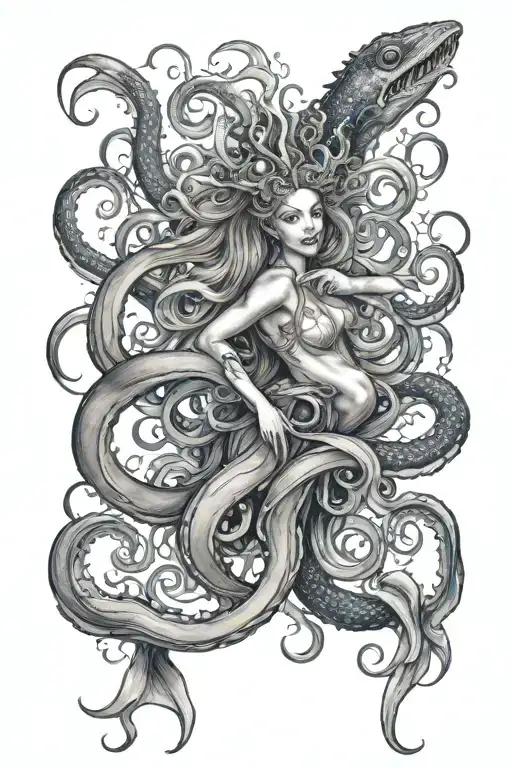 Titania versus a giant squid tattoo design idea