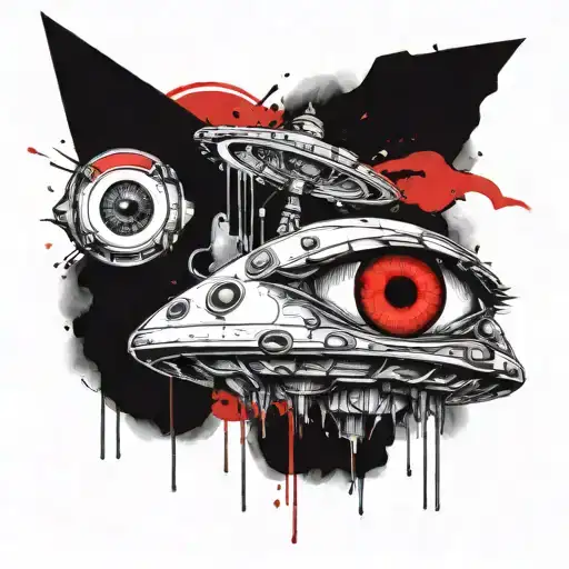 Two objects: a UFO and a big flying eye. A UFO should draw your eyes into themselves with a beam tattoo design idea