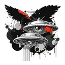 Two objects: a UFO and a big flying eye. A UFO should draw your eyes into themselves with a beam tattoo design idea