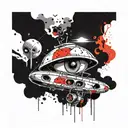 Two objects: a UFO and a big flying eye. A UFO should draw your eyes into themselves with a beam tattoo design idea