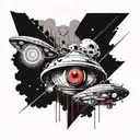Two objects: a UFO and a big flying eye. A UFO should draw your eyes into themselves with a beam tattoo design idea