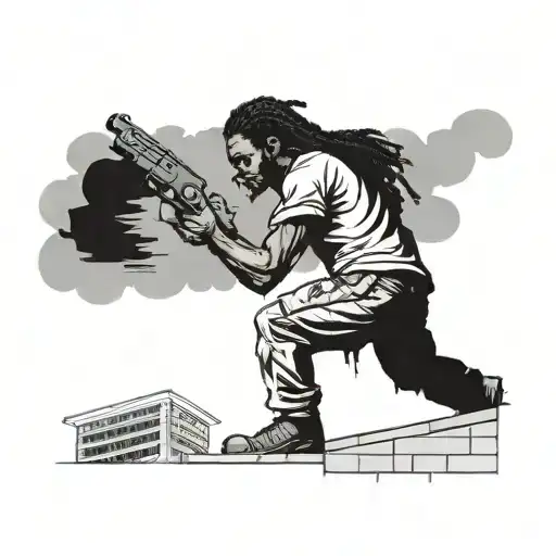 strong black kid with short dreadlocks standing on top of an building with a gun. during a zombie apocalypse  tattoo design idea