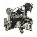 strong black kid with glasses andshort dreadlocks standing on top of an building with a gun. watching the zombie apocaly tattoo design idea