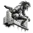 strong black kid with glasses andshort dreadlocks standing on top of an building with a gun. watching the zombie apocaly tattoo design idea