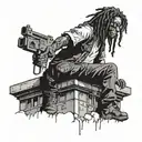 strong black kid with glasses andshort dreadlocks standing on top of an building with a gun. watching the zombie apocaly tattoo design idea