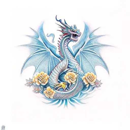 Dragon, open wings, flowers tattoo design idea