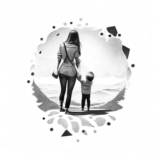 Mother facing backwards holding hands with a 2 year old boy and a 3 year old girl. tattoo design idea