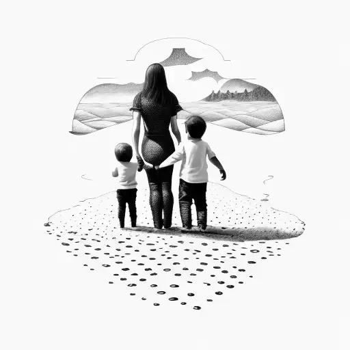 Mother facing backwards holding hands with a 2 year old boy and a 3 year old girl. tattoo design idea