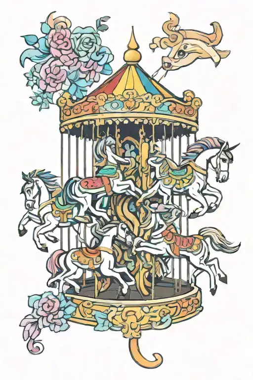 A new-school design featuring a whimsical carousel with horses, each representing one of the client's grandchildren, surrounded by colorful flowers and ribbons tattoo design idea