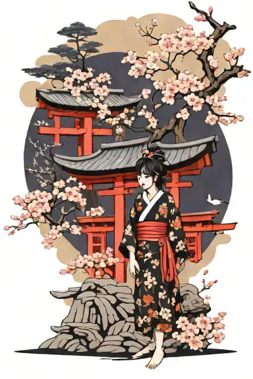 hainu as shrine guardians infront of the torii, cherry blossoms in the air around it tattoo design idea
