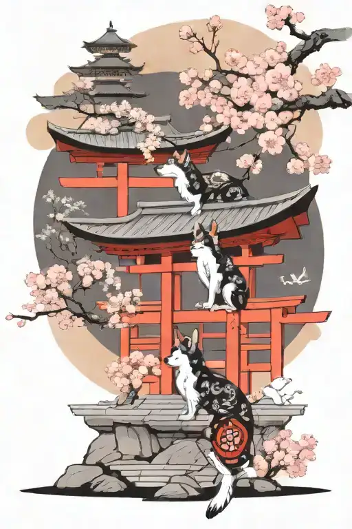 dog yokai as shrine guardian in front of single torii with cherry blossom in the back drop tattoo design idea