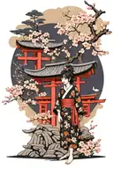 hainu as shrine guardians infront of the torii, cherry blossoms in the air around it tattoo design idea
