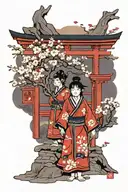 hainu as shrine guardians infront of the torii, cherry blossoms in the air around it tattoo design idea