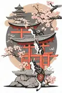 dog yokai as shrine guardian in front of single torii with cherry blossom in the back drop tattoo design idea