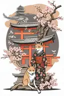 dog yokai as shrine guardian in front of single torii with cherry blossom in the back drop tattoo design idea