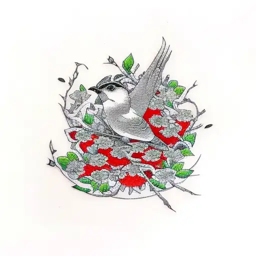 Little bird with red flowers tattoo design idea