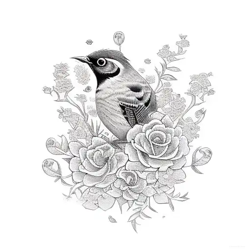 Little bird with flowers tattoo design idea